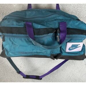 Vintage 80's NIKE Retro Duffel Bag Large Blue 5 Zipper Pockets + Strap Swoosh